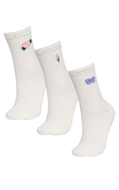 DeFactoFit Kadın Gül Baskılı Nakış 3'lü Pamuklu Uzun Çorap