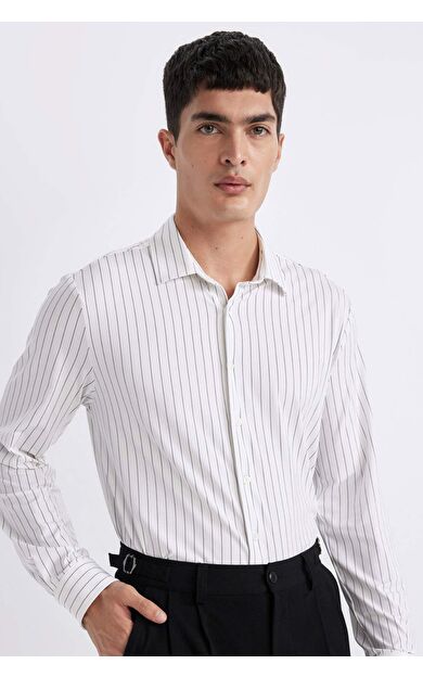 DeFacto Slim Fit Polo Yaka Çizgili Penye Uzun Kollu Gömlek