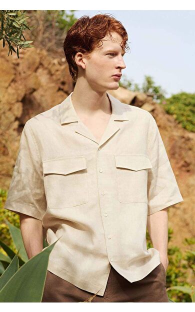 DeFactoFit Relax Fit Polo Yaka Keten Kısa Kollu Gömlek B6687AX24SPBG74