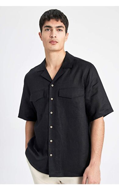 DeFactoFit Relax Fit Polo Yaka Keten Kısa Kollu Gömlek B6687AX24SPBK27