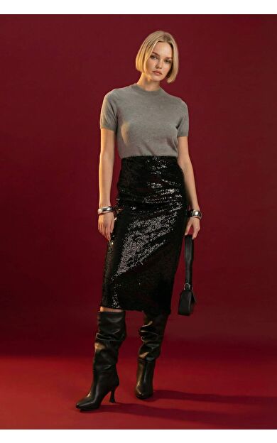 Payetli Normal Bel Astarlı Midi Etek