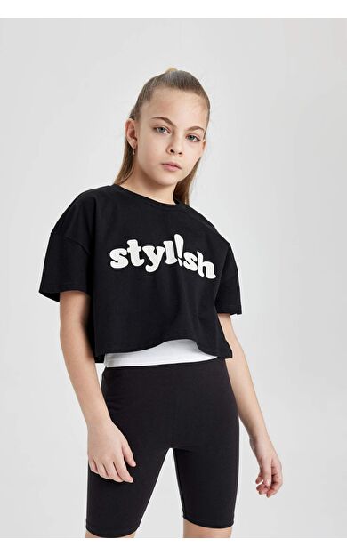 DeFactoFit Kız Çocuk Baskılı Crop Kısa Kollu Tişört B7181A824SMBK81