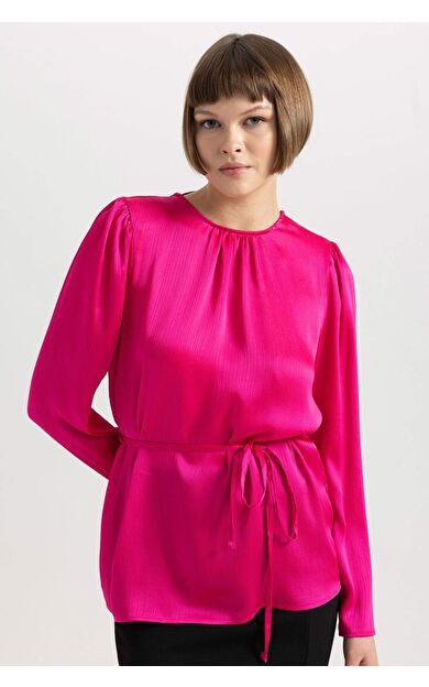 Fitted Yuvarlak Yaka Şifon Uzun Kollu Bluz