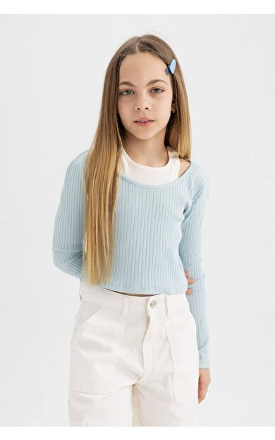 DeFactoFit Kız Çocuk Slim Fit Bisiklet Yaka Fitilli Kaşkorse Uzun Kollu Tişört B7388A824SPBE506