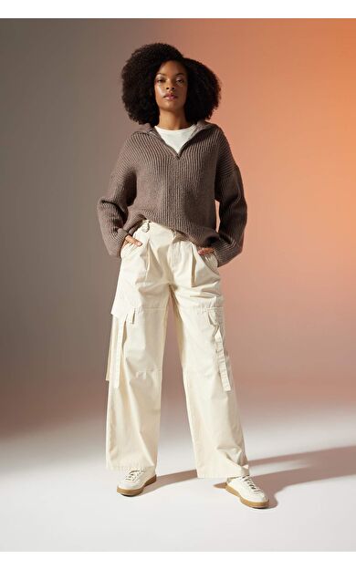 Wide Leg Kargo Cepli Yüksek Bel Standart Gabardin Pantolon