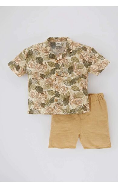 DeFactoFit Erkek Bebek Tropikal Desenli Flamlı Poplin Gömlek Şort 2'li Takım