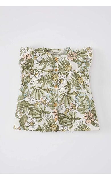 DeFactoFit Kız Bebek Bisiklet Yaka Flamlı Poplin Kısa Kollu Gömlek