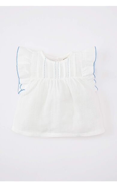 DeFactoFit Kız Bebek Bisiklet Yaka Keten Görünümlü Kısa Kollu Gömlek