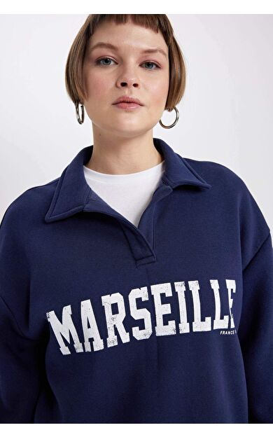 DeFactoFit Relax Fit Polo Yaka Baskılı Kalın Sweatshirt