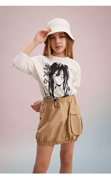 DeFactoFit Kız Çocuk Oversize Fit Bisiklet Yaka Penye Uzun Kollu Tişört