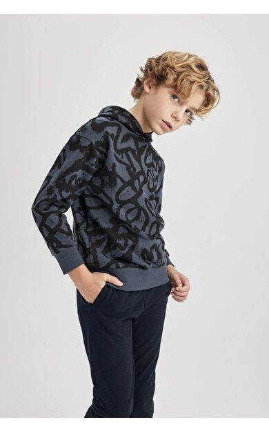 DeFactoFit Erkek Çocuk Oversize Fit Kapüşonlu Desenli Sweatshirt