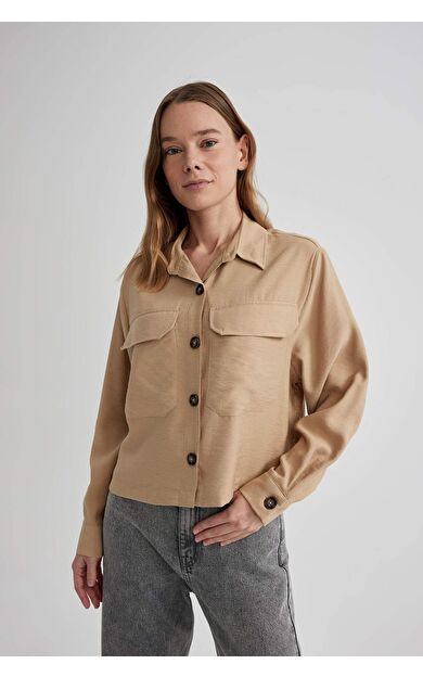 DeFactoFit Crop Gömlek Yaka Twill Uzun Kollu Gömlek