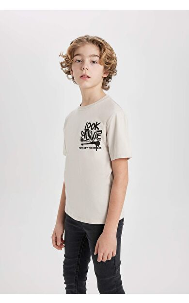 DeFactoFit Erkek Çocuk Bisiklet Yaka Baskılı Kısa Kollu Tişört