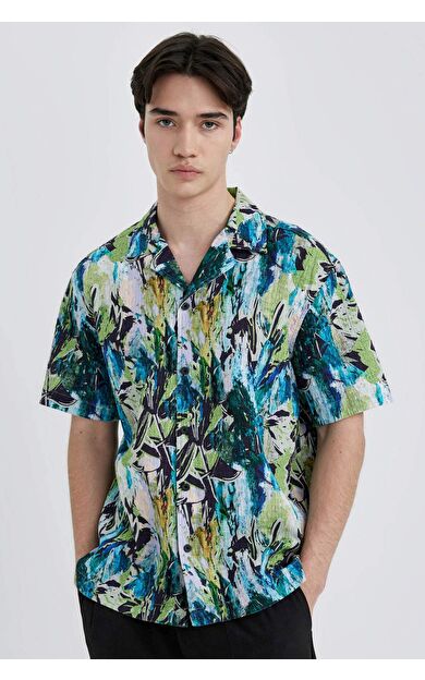 DeFactoFit Oversize Fit Baskılı Pamuklu Kısa Kollu Gömlek