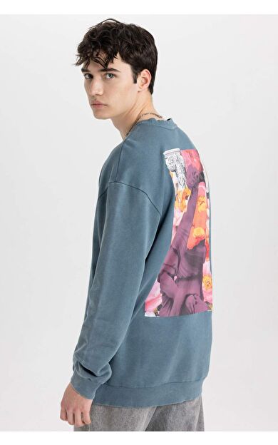 DeFacto Comfort Fit Bisiklet Yaka Floral Baskılı Yıkamalı Sweatshirt