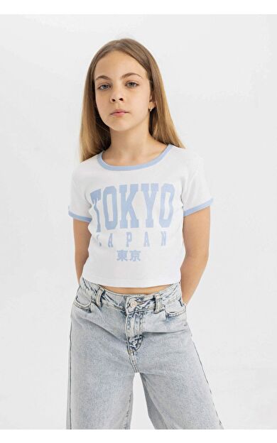 DeFactoFit Kız Çocuk Bisiklet Yaka Baskılı Kısa Kollu Tişört C2225A824SMWT34