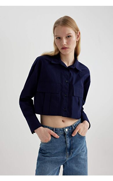 DeFactoFit Crop Basic Poplin Uzun Kollu Gömlek