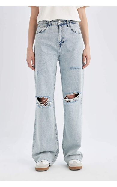 DeFactoFit 90's Wide Leg Yırtık Detaylı Yüksek Bel Paça Ucu Kesik Uzun Jean Pantolon