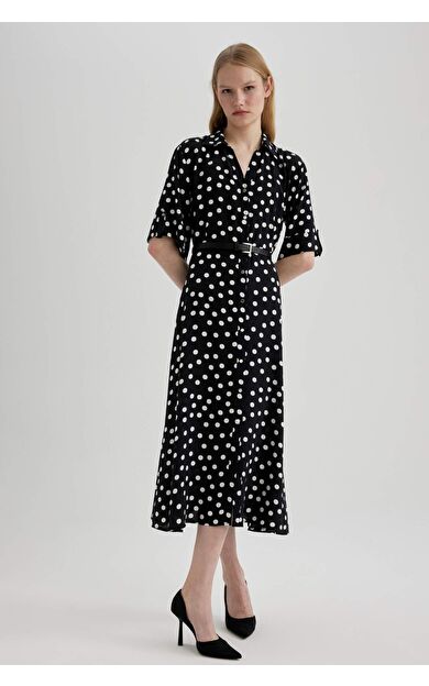 DeFactoFit Gömlek Yaka Baskılı Maroken Midi Kısa Kollu Elbise