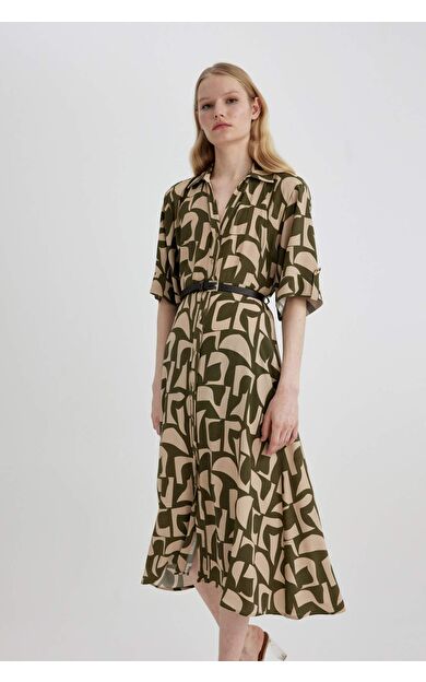 DeFactoFit Gömlek Yaka Baskılı Maroken Midi Kısa Kollu Elbise