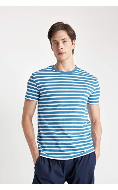 DeFactoFit Regular Fit Bisiklet Yaka Kısa Kollu Çizgili Pijama Üstü