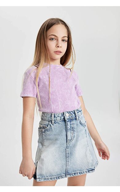 DeFactoFit Kız Çocuk Slim Fit Fitilli Kaşkorse Kısa Kollu Tişört C3187A824SMPR61