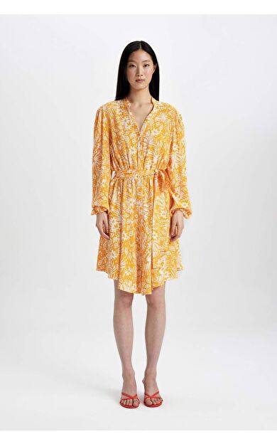 DeFactoFit Kaçık Yaka Desenli Maroken Uzun Kollu Midi Elbise