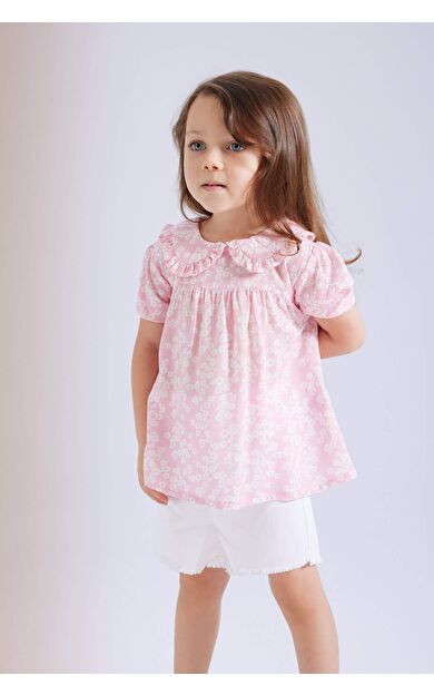 DeFactoFit Kız Bebek Büyük Yaka Krinkıl Viskon Desenli Kısa Kollu Bluz
