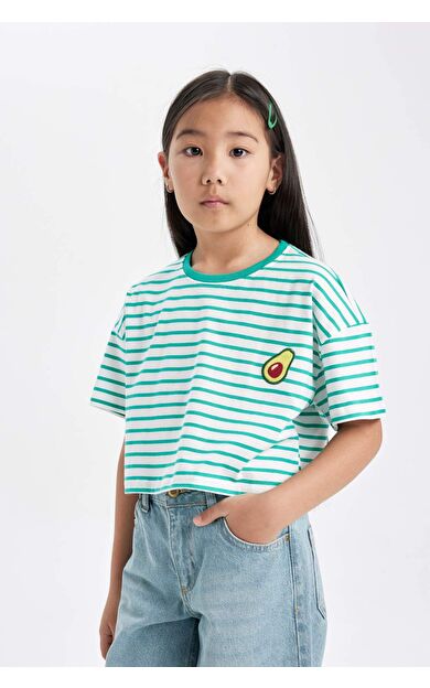 DeFactoFit Kız Çocuk Bisiklet Yaka Çizgili Kısa Kollu Tişört C4508A824SMGN340