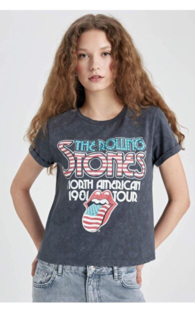 DeFactoFit Rolling Stones Regular Fit Bisiklet Yaka Baskılı Kısa Kollu Tişört