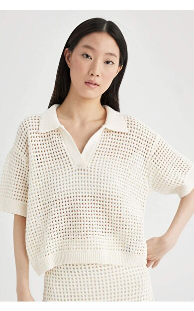 DeFactoFit Relax Fit Polo Yaka Ajur Triko Kazak