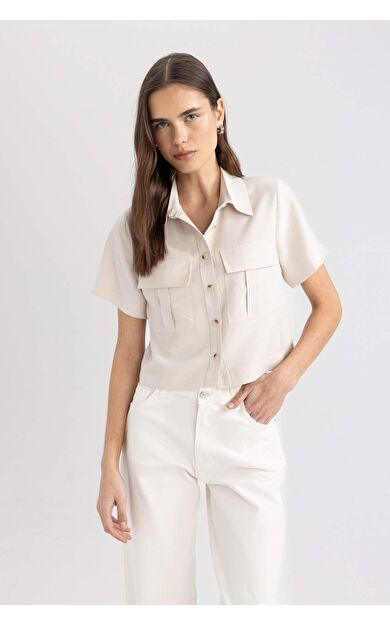 DeFactoFit Crop Gömlek Yaka Tensel Kısa Kollu Gömlek C4784AX24SMER37