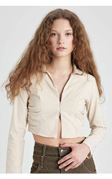 DeFactoFit Fitted Gömlek Yaka Bengalin Uzun Kollu Bluz