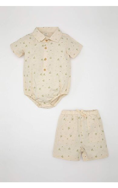 DeFactoFit Erkek Bebek Palmiye Desenli Kısa Kollu Çıtçıtlı Zıbın Şort Müslin 2'li Takım
