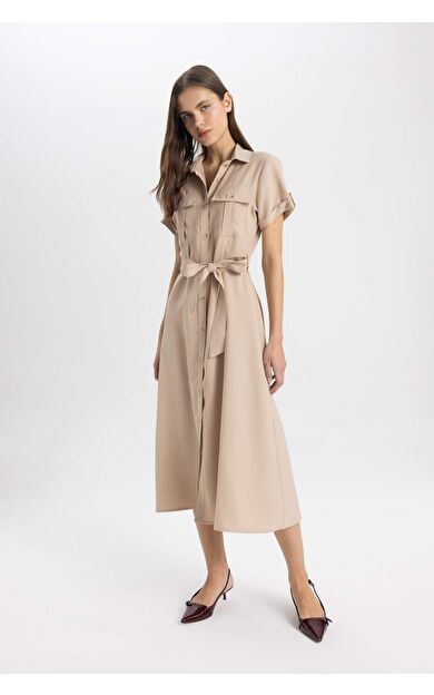 DeFactoFit Gömlek Yaka Tensel Kısa Kollu Maxi Elbise