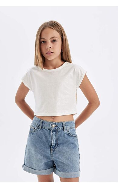 DeFactoFit Kız Çocuk Slim Fit Fitilli Kaşkorse Kısa Kollu Tişört C5467A824SMPN74