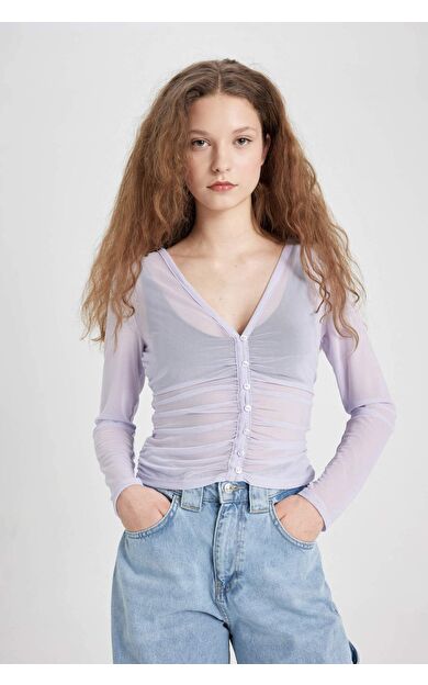 DeFactoFit Fitted V Yaka Tül Uzun Kollu Bluz