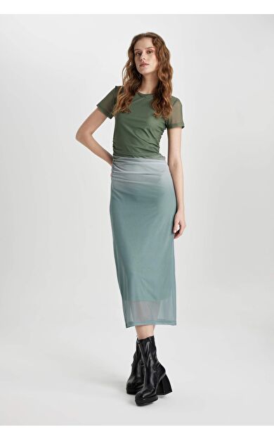 DeFactoFit Bodycon Yuvarlak Yaka Degrade Baskılı Mesh Midi Kısa Kollu Elbise