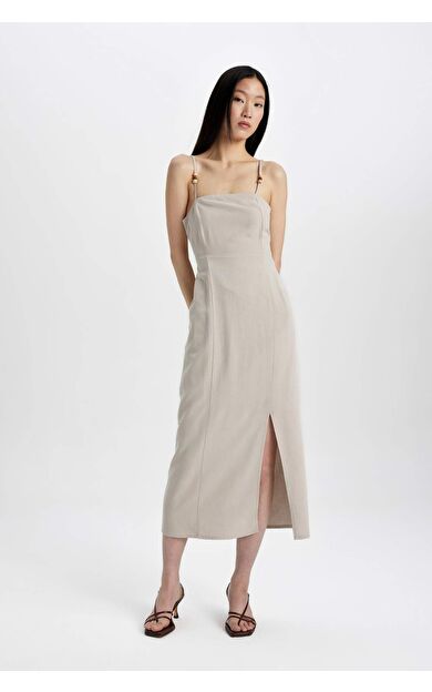 DeFactoFit Straight Fit Kare Yaka Keten Askılı Elbise