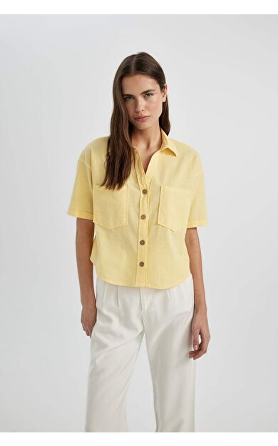 DeFactoFit Oversize Fit Gömlek Yaka Keten Karışımlı Uzun Kollu Gömlek