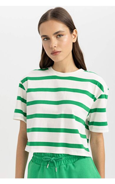 DeFactoFit Boxy Fit Çizgili Bisiklet Yaka Kısa Kollu Tişört C6199AX24SMGN689