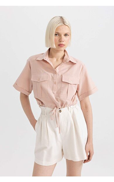 DeFactoFit Crop Gömlek Yaka Keten Karışımlı Kısa Kollu Bluz