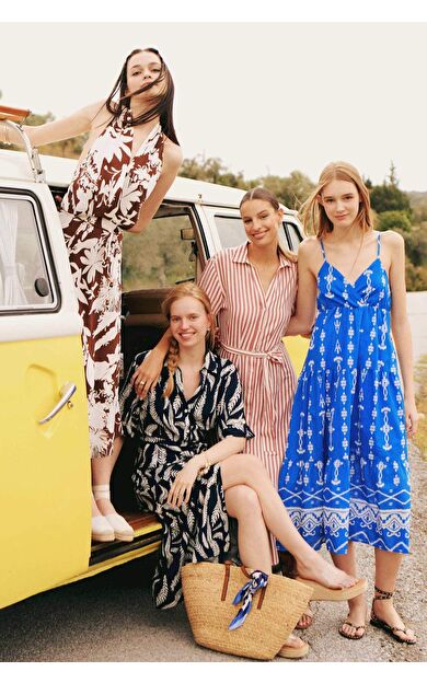 DeFactoFit Gömlek Yaka Desenli Keten Karışımlı Kısa Kollu Midi Elbise