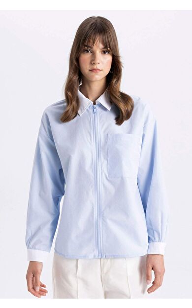 DeFactoFit Relax Fit Gömlek Yaka Fermuarlı Poplin Uzun Kollu Tunik