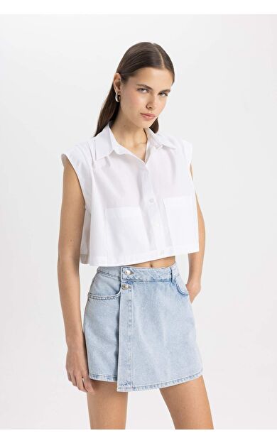 DeFactoFit Crop Gömlek Yaka Poplin Kısa Kollu Gömlek C8285AX24SMWT83
