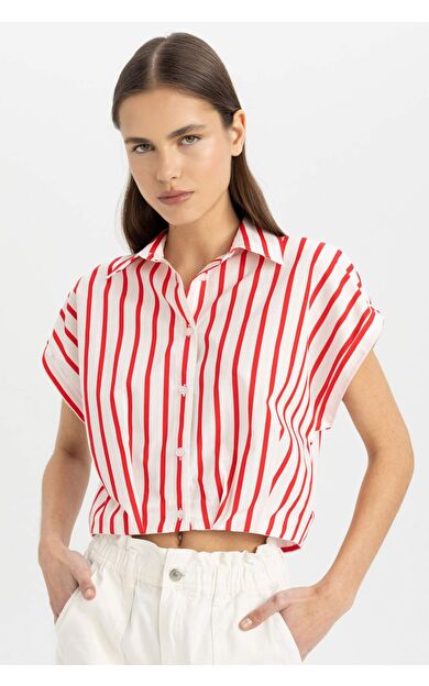 DeFactoFit Crop Çizgili Kısa Kollu Poplin Gömlek C8748AX24SMRD117