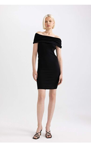 DeFactoFit Bodycon Omuzu Açık Fitilli Kaşkorse Uzun Kollu Mini Elbise
