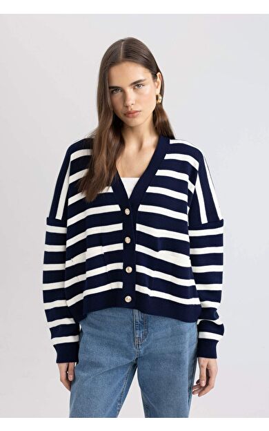 DeFactoFit Oversize Fit V Yaka Ribana Hırka