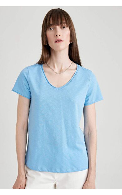 Regular Fit V Yaka Kısa Kollu %100 Pamuk Tişört