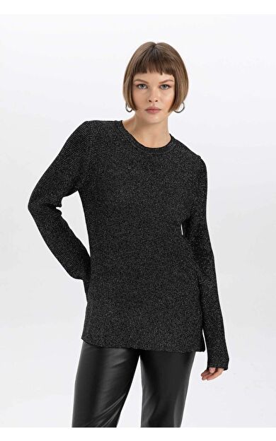 Regular Fit Bisiklet Yaka Parlak Kumaş Kazak